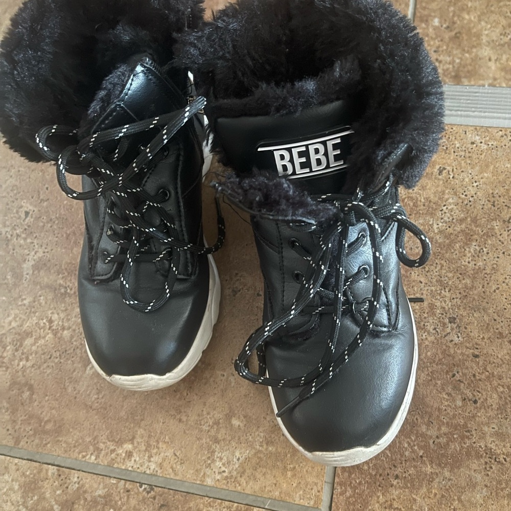 BEBE Kids Black Faux-Fur Lace-Up Winter Boots